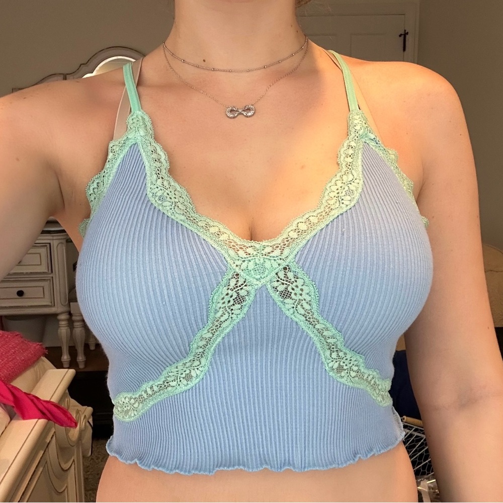 Garage Light Blue and Mint Lace Trim Tank Top
